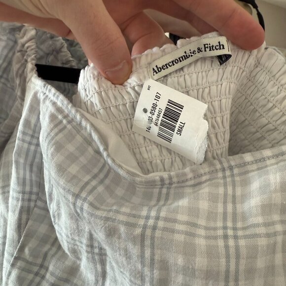 Abercrombie and Fitch Plaid Square Neck Puff Sleeve Crop Top White Grey Small - Picture 2 of 4